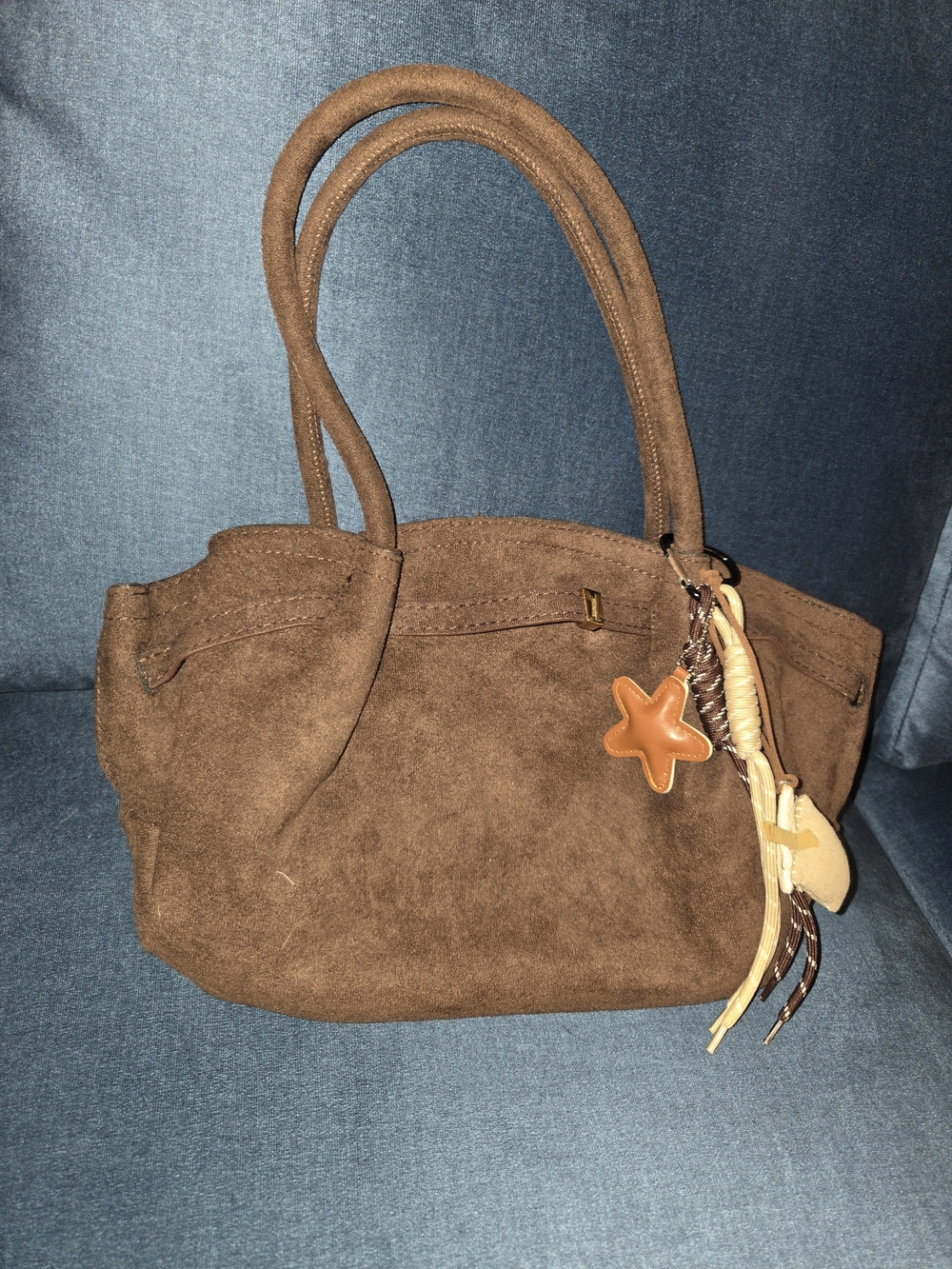 Brown Faux Suede Tote Bag with Decorative Charms